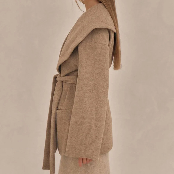 Khaki Elegant Women's Oversized Waterfall Collar Overcoat - Picture 2 of 5